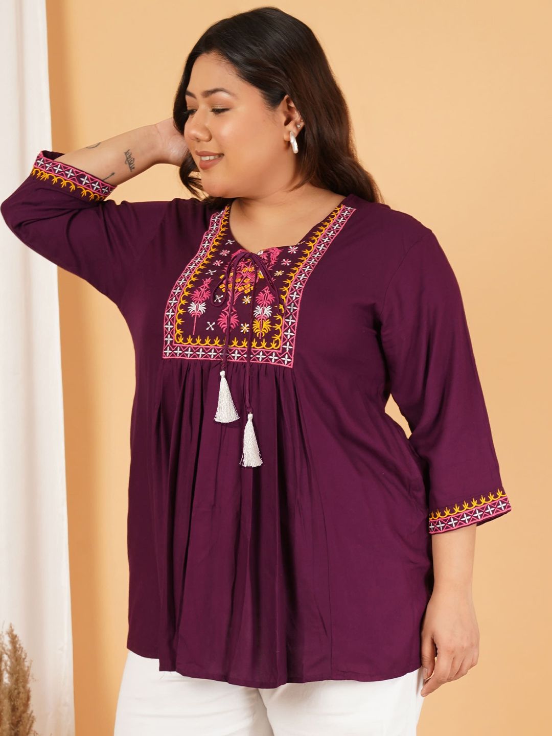 Burgundy Embroidered Plus Size Tunic — view 4