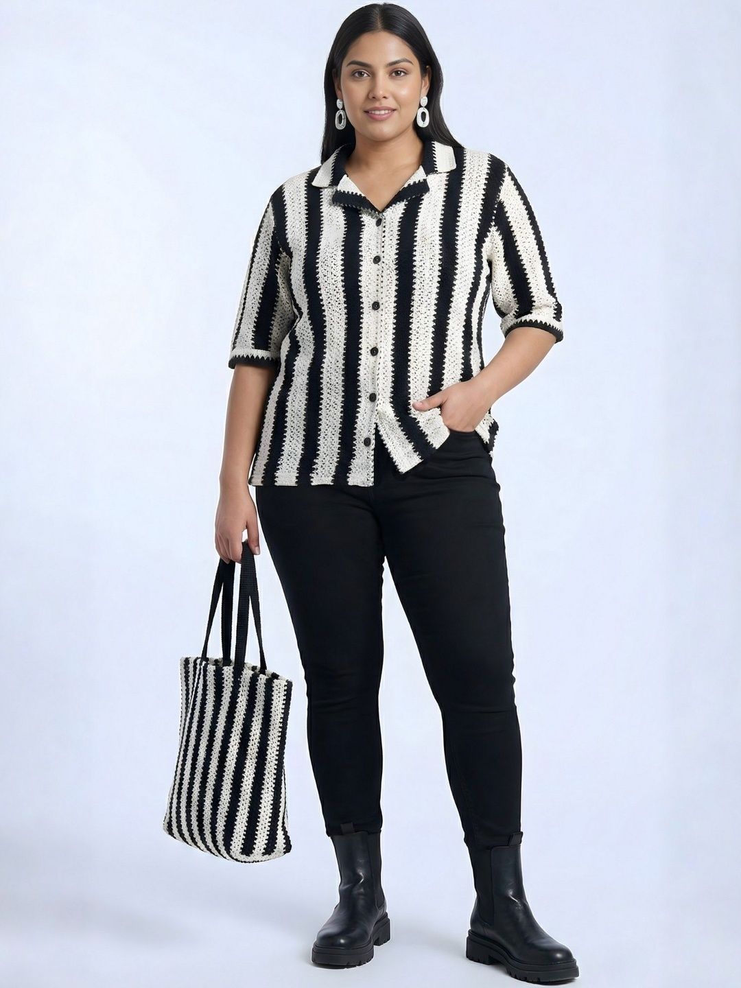 Black And White Stripe Crochet Shirt — view 5