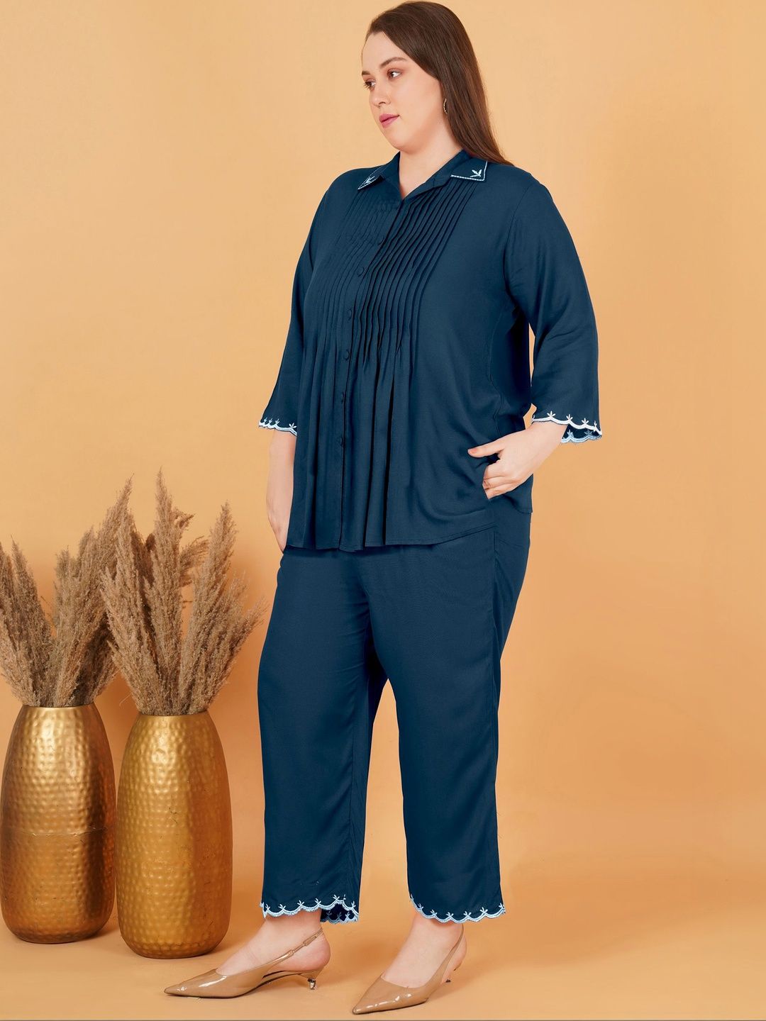 Peacock Blue Rayon Collar Embroidered Co Ord Set — view 6