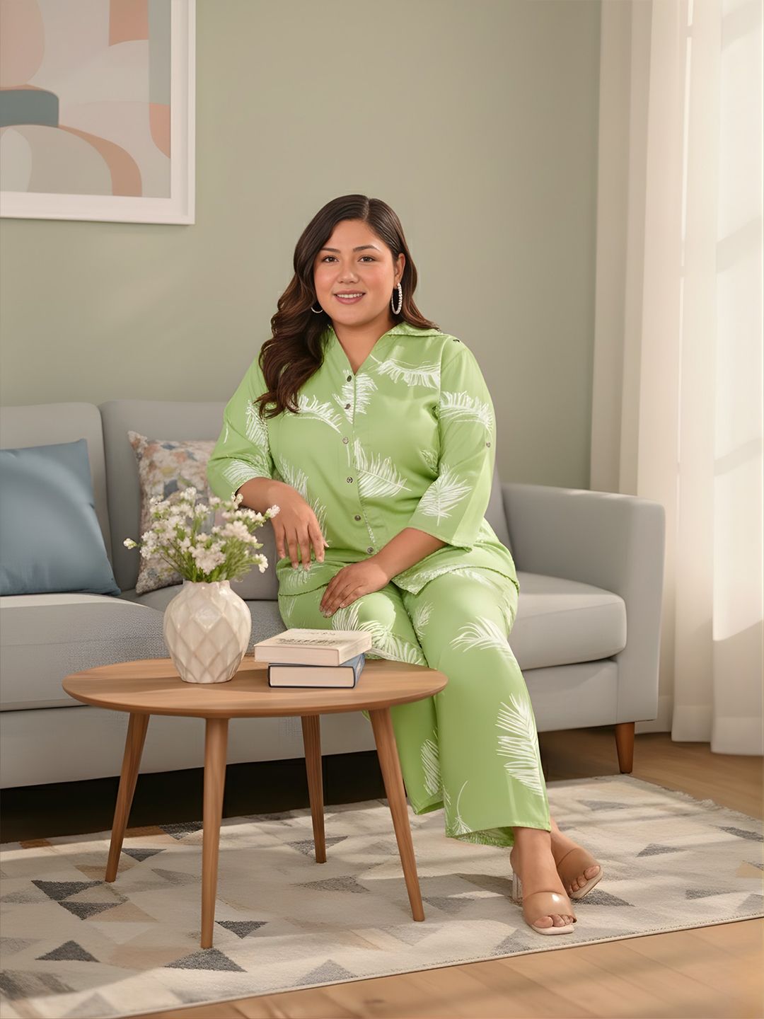 Green Leaf Print Plus Size Co-Ord Set — view 6