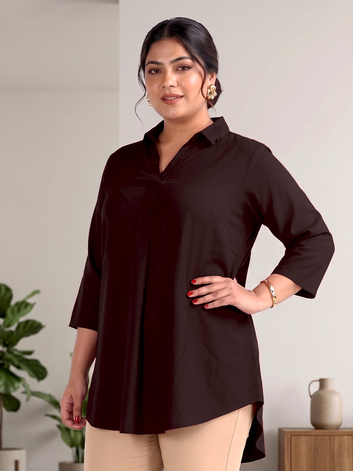 Brown Rayon Centrepleat Longline Tunic