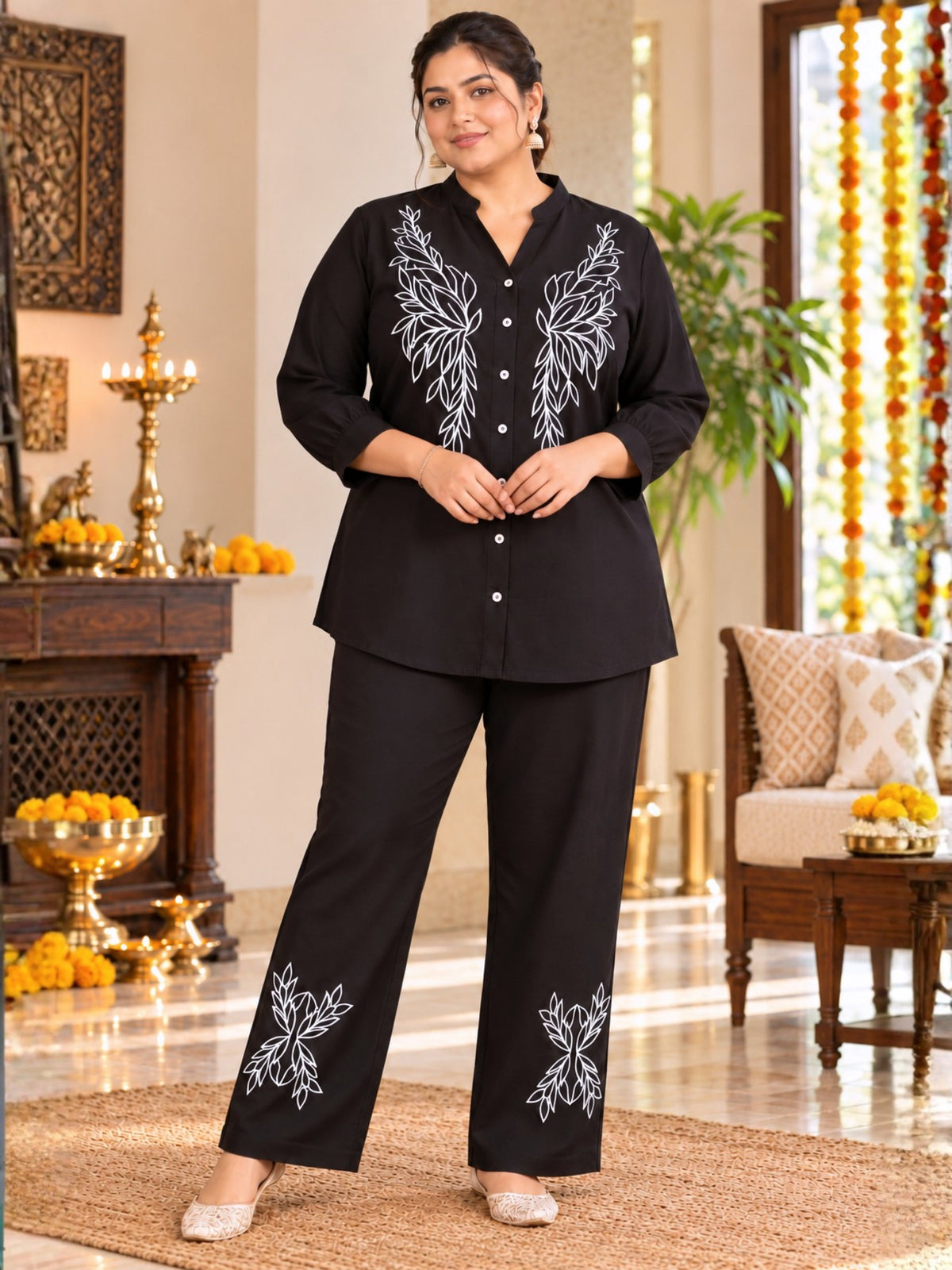 Black Embroidered Plus Size Co Ord Set