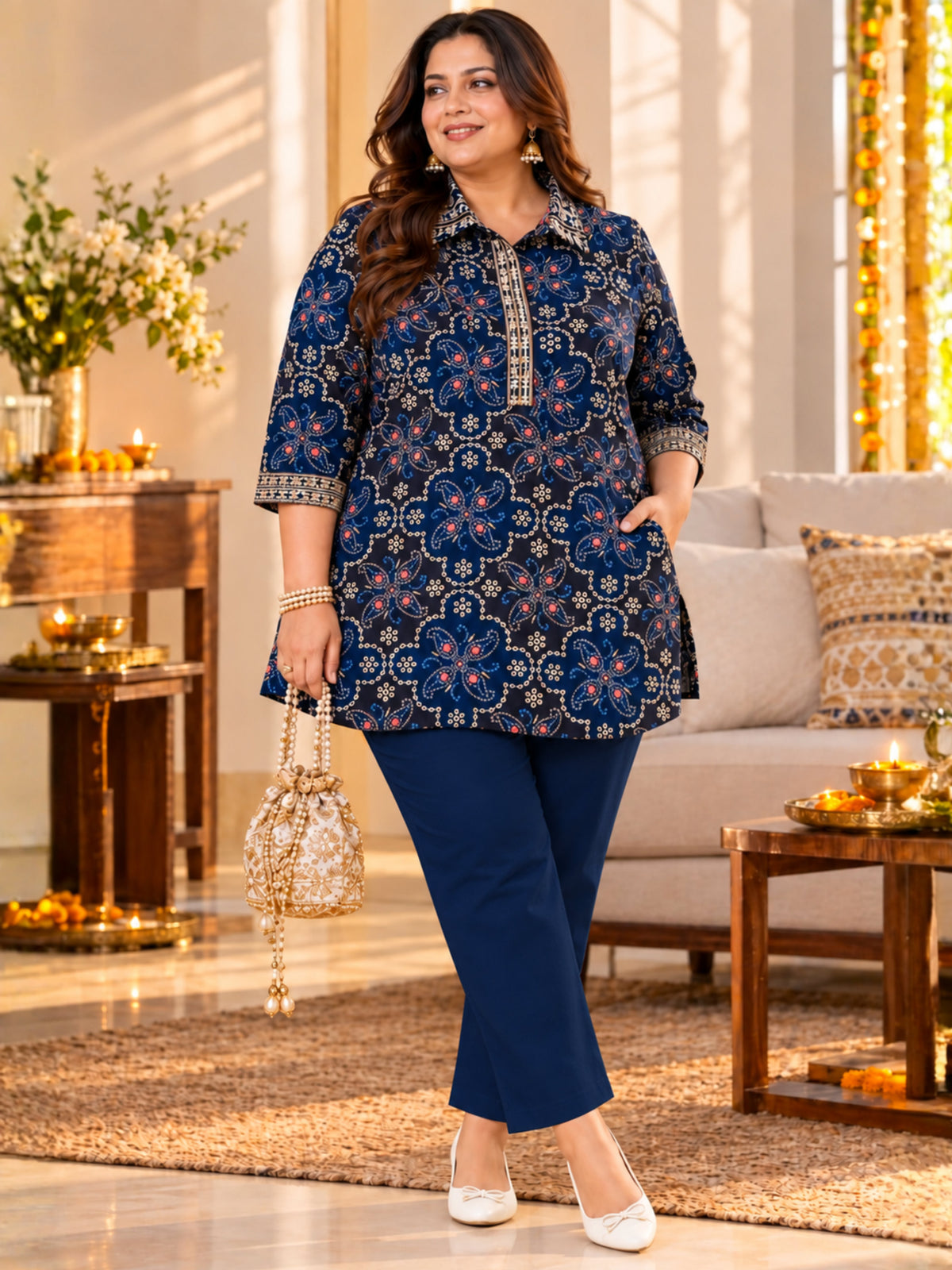 Blue Embroidered Festive Printed Tunic