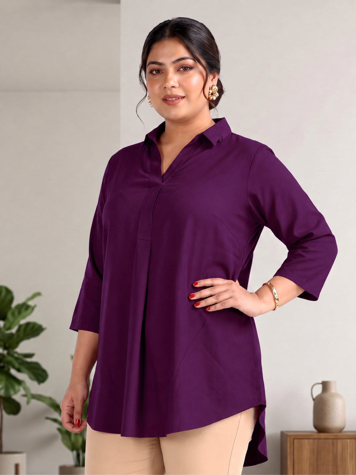 Purple Rayon Centrepleat Longline Tunic