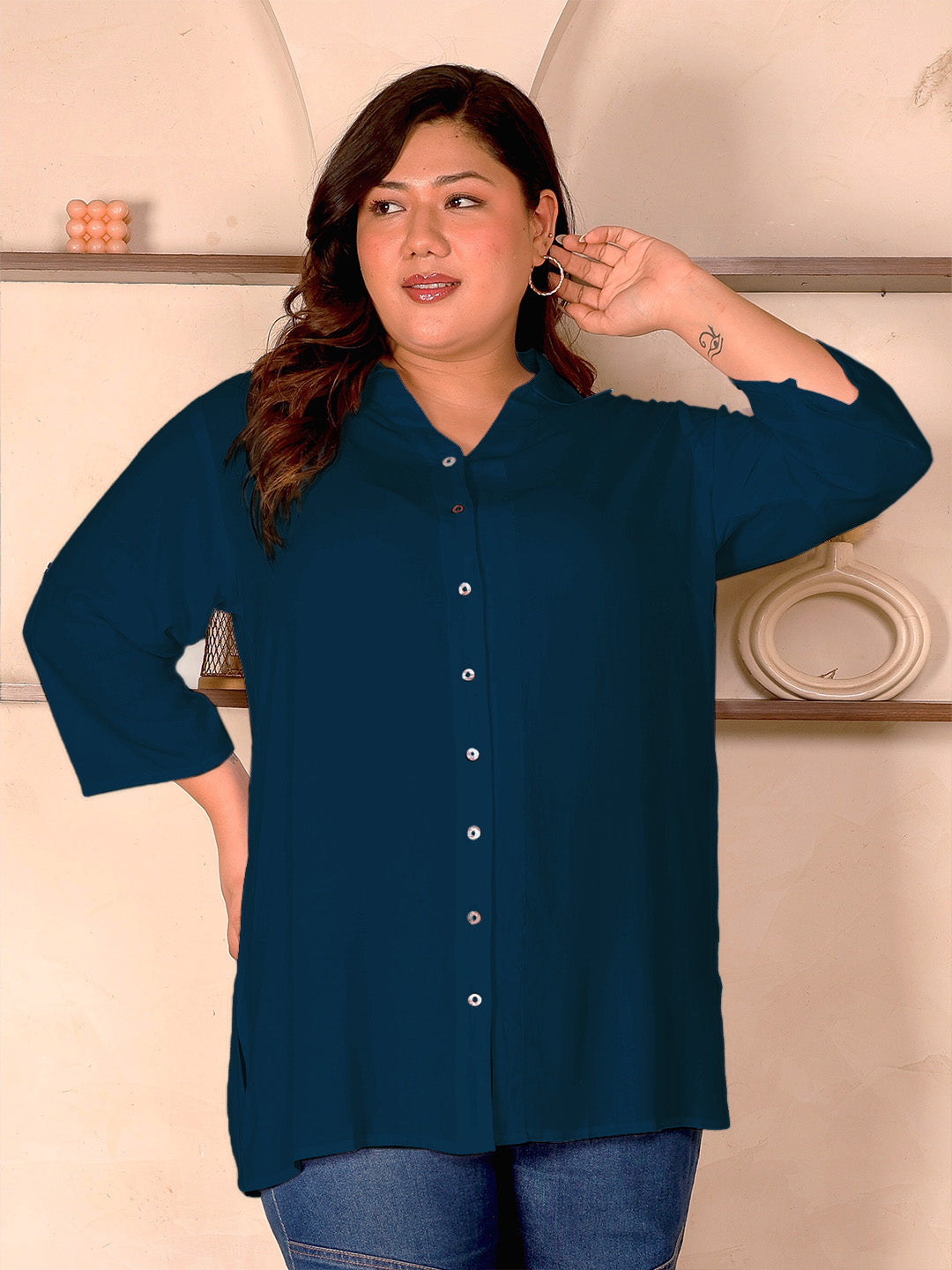 Peacock Blue Longline Plus Size Shirt