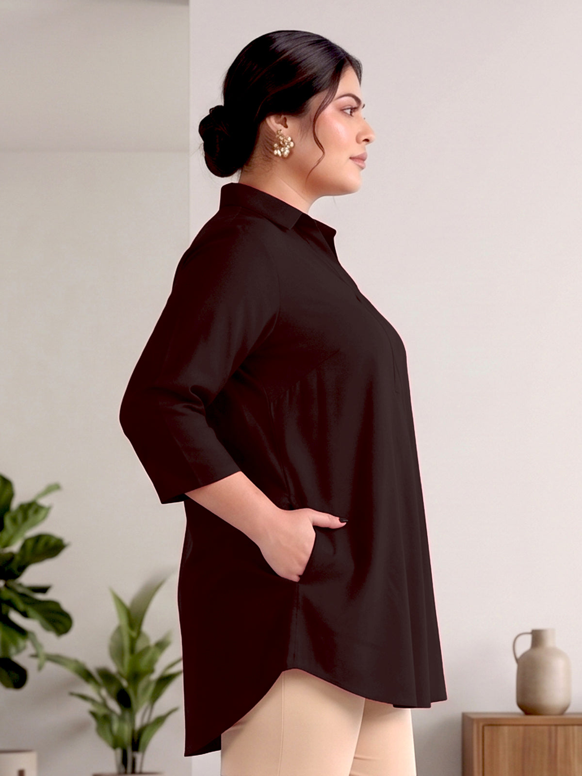 Brown Rayon Centrepleat Longline Tunic