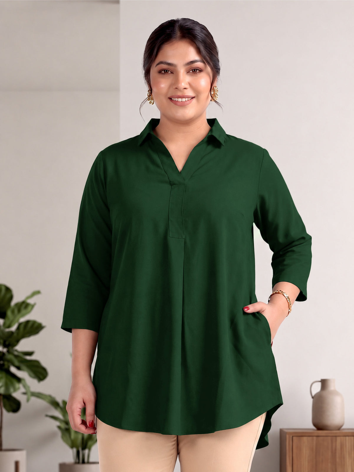 Dark Green Rayon Centrepleat Longline Tunic