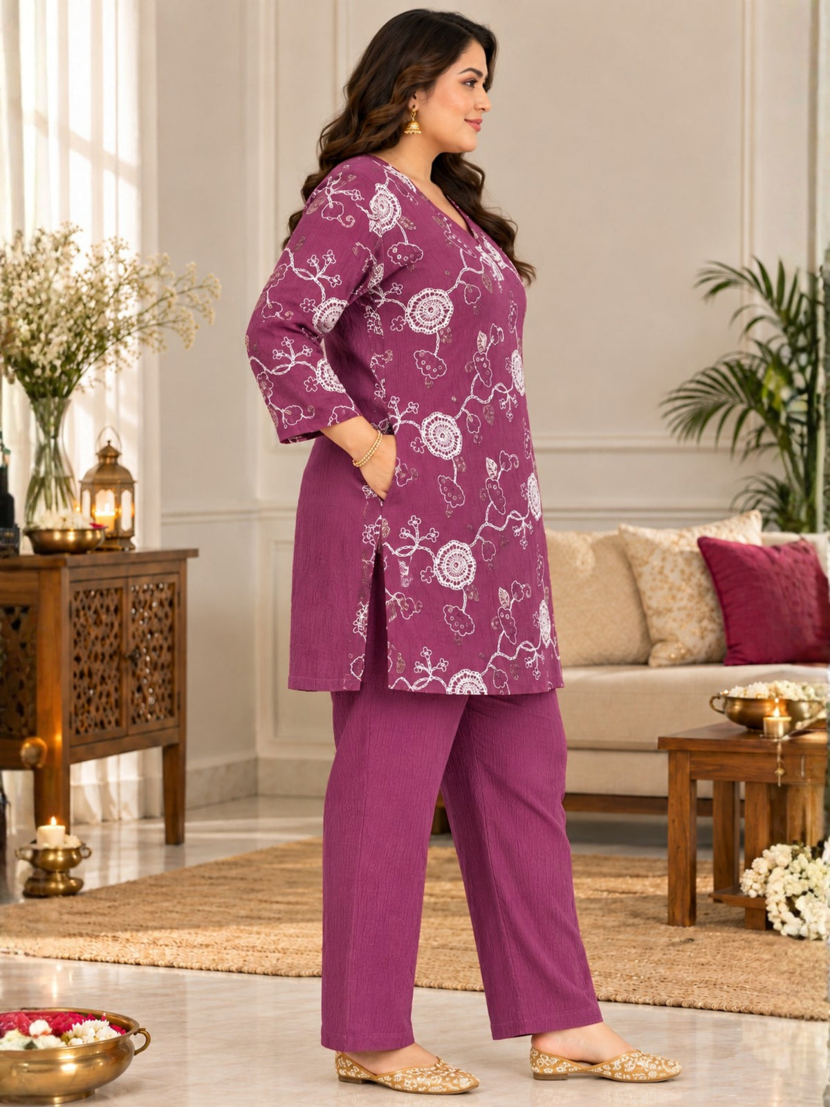 Purple Embroidered Plus Size Co Ord Set