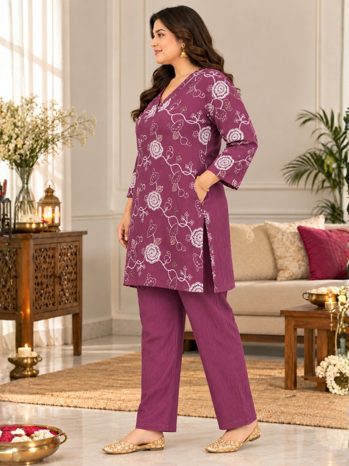 Purple Embroidered Plus Size Co Ord Set