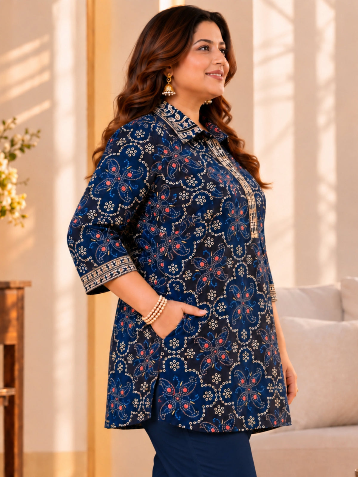 Blue Embroidered Festive Printed Tunic