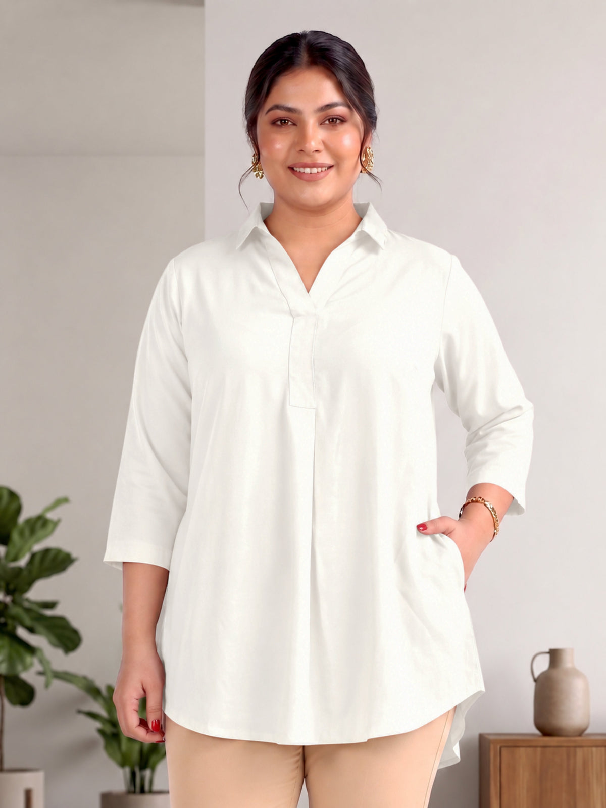 OffWhite Rayon Centrepleat Longline Tunic