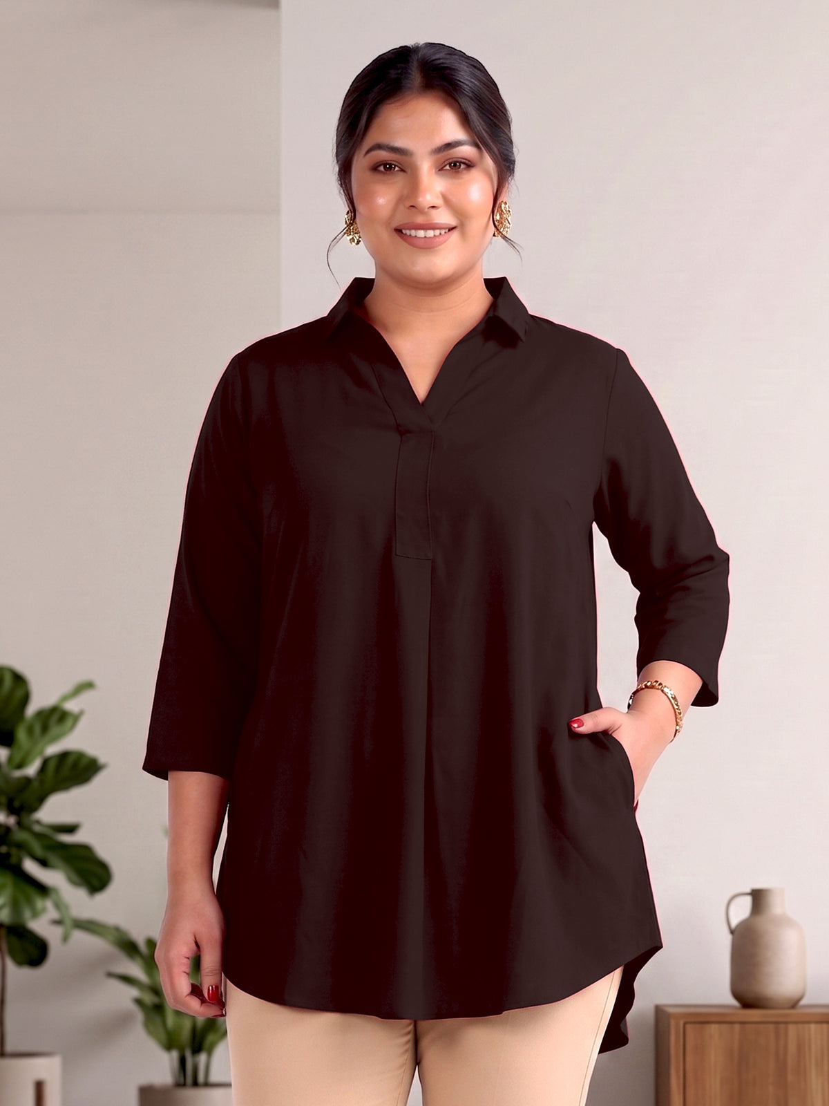 Brown Rayon Centrepleat Longline Tunic