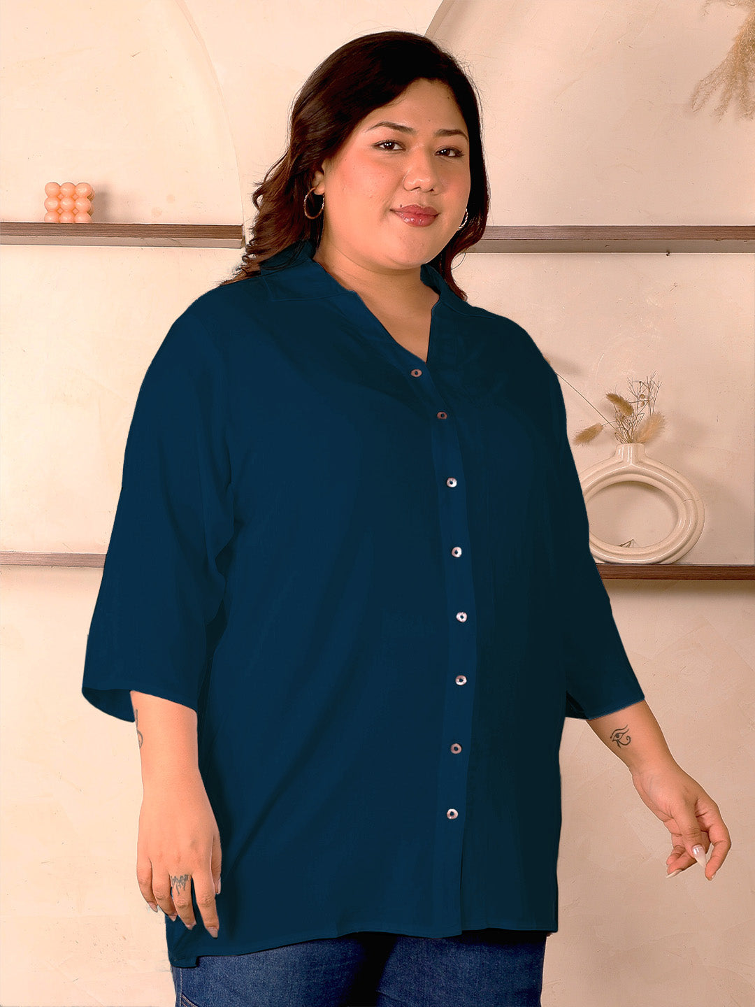 Peacock Blue Longline Plus Size Shirt