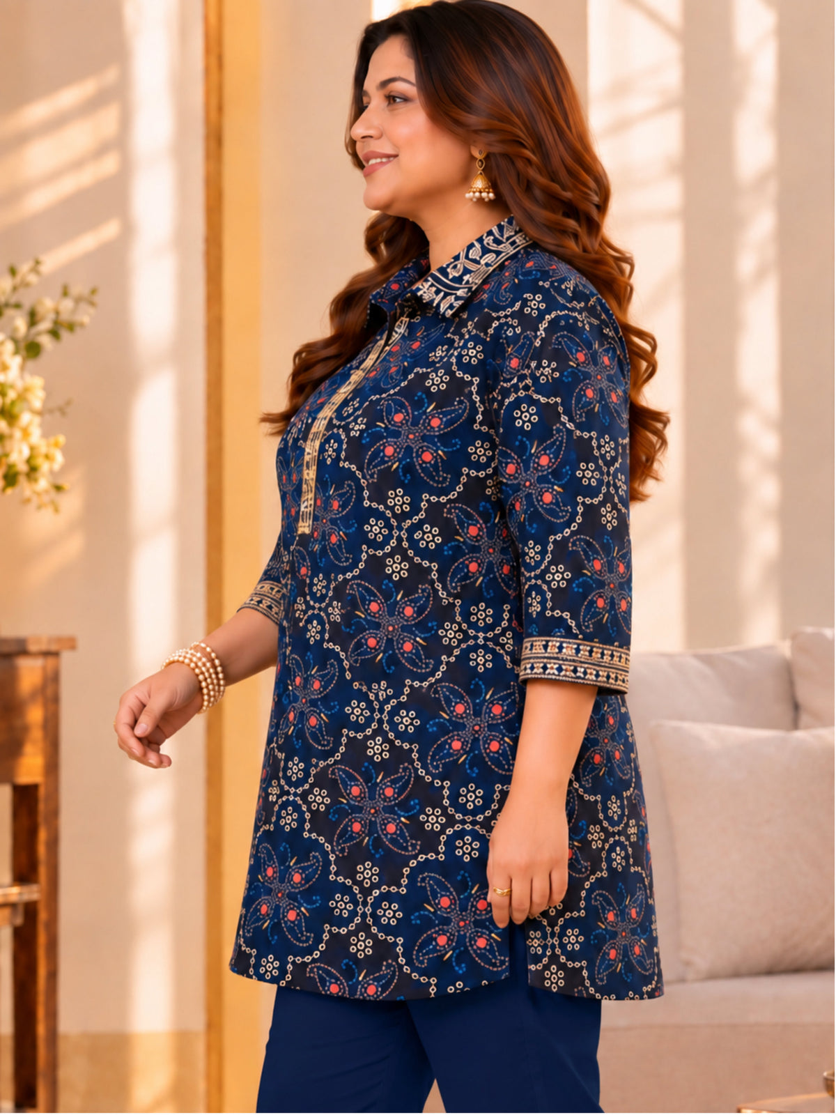 Blue Embroidered Festive Printed Tunic