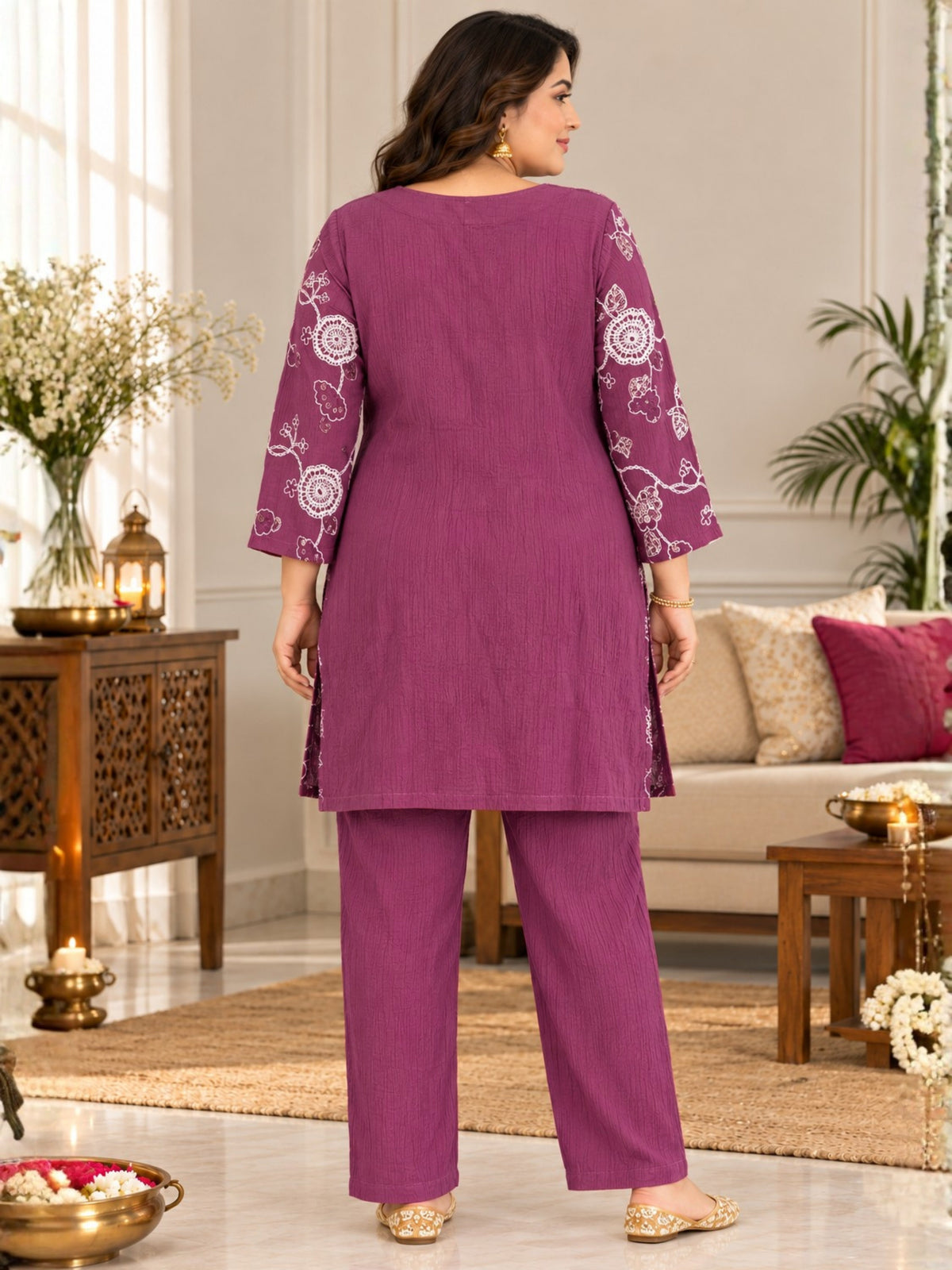 Purple Embroidered Plus Size Co Ord Set