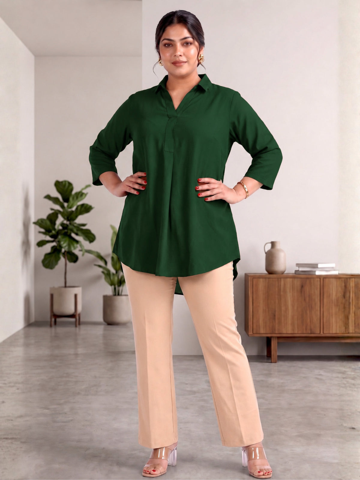 Dark Green Rayon Centrepleat Longline Tunic