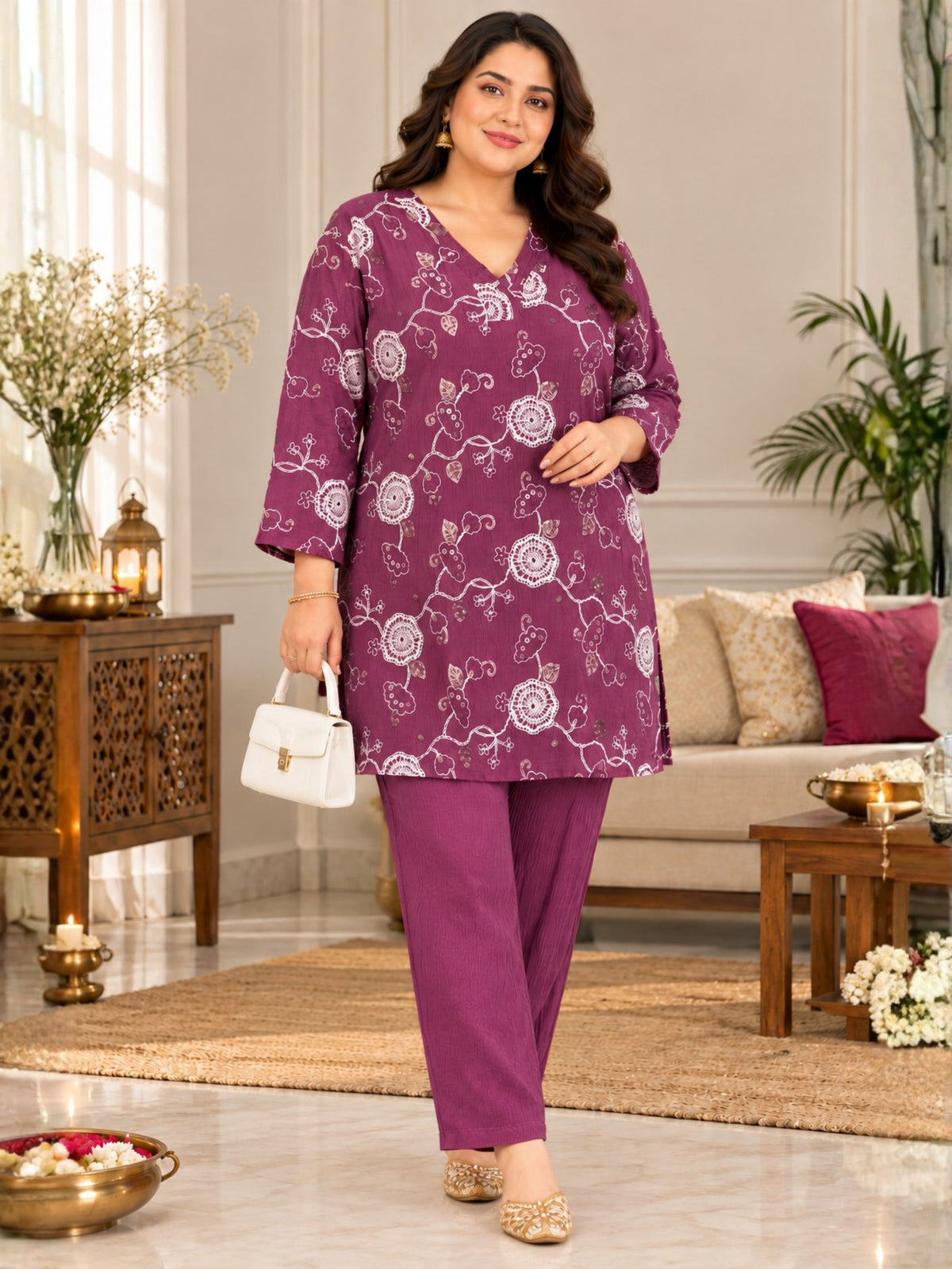 Purple Embroidered Plus Size Co Ord Set