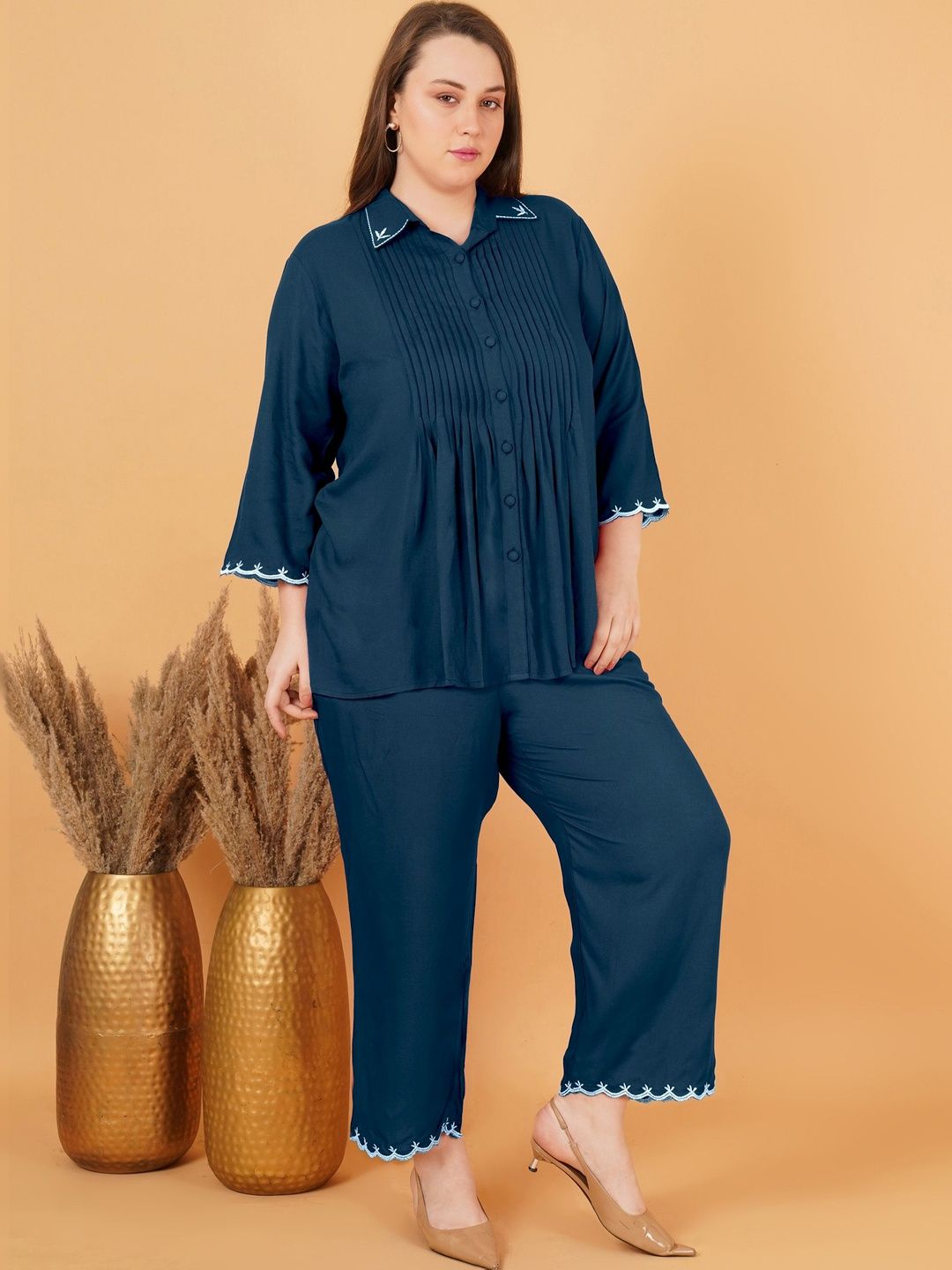 Peacock Blue Rayon Collar Embroidered Co Ord Set — view 3