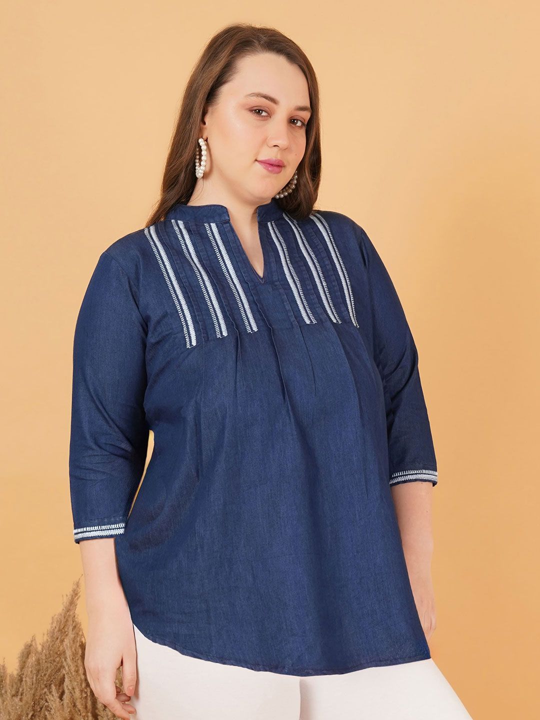 Denim Embroidered Plus Size Tunic — view 3