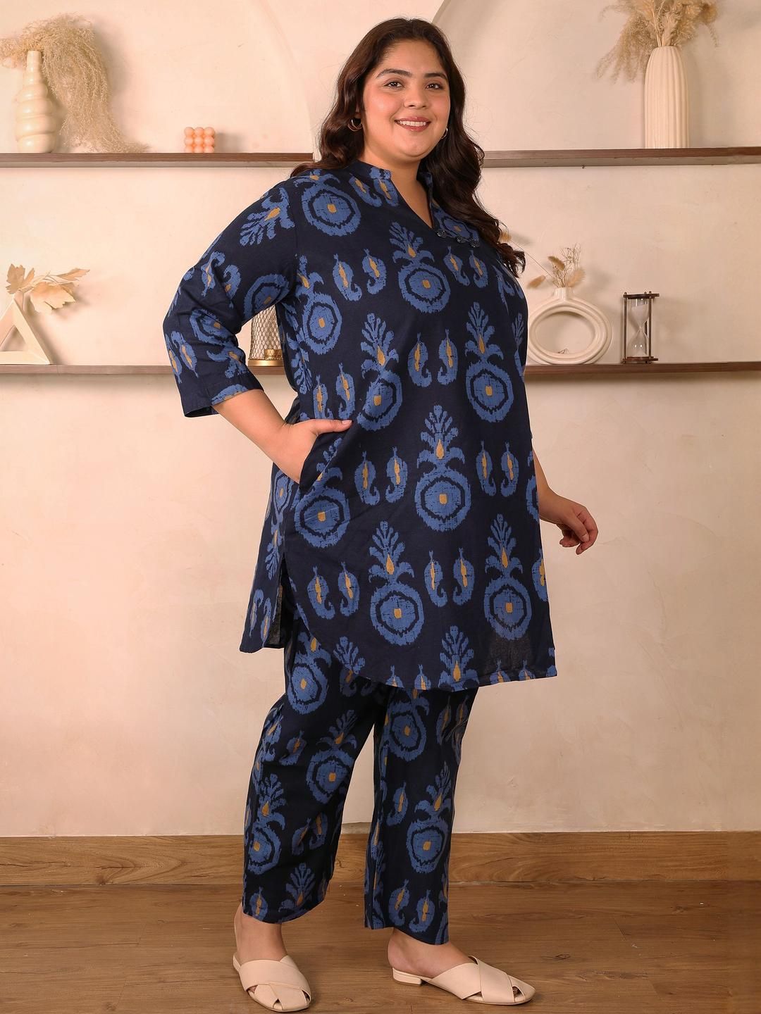 Indigo Blue Cotton Print Plus Size Co Ord Set — view 5