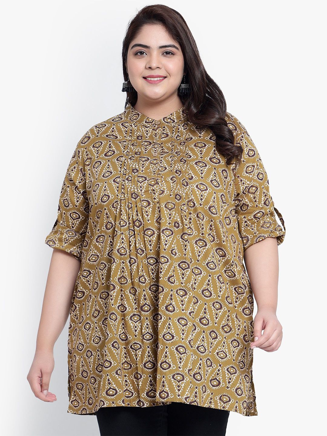 Mustard Geometric Print Pleat Plus Size Tunic — view 1