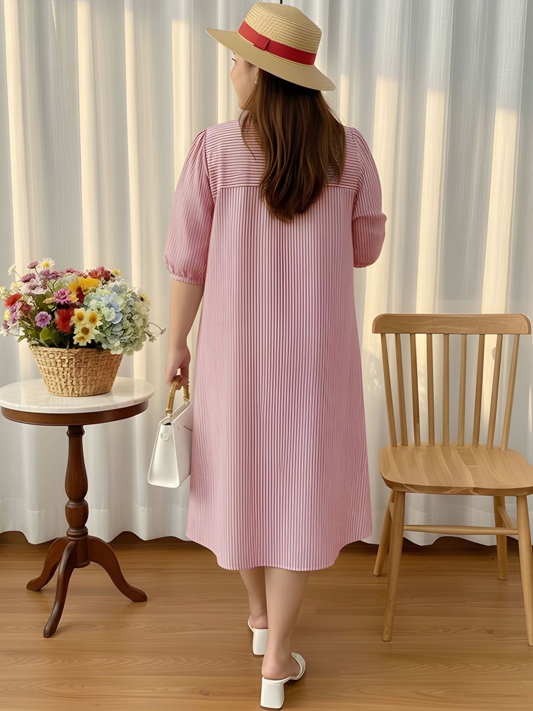 Pink Stripe Print Linen Midi Dress — view 2