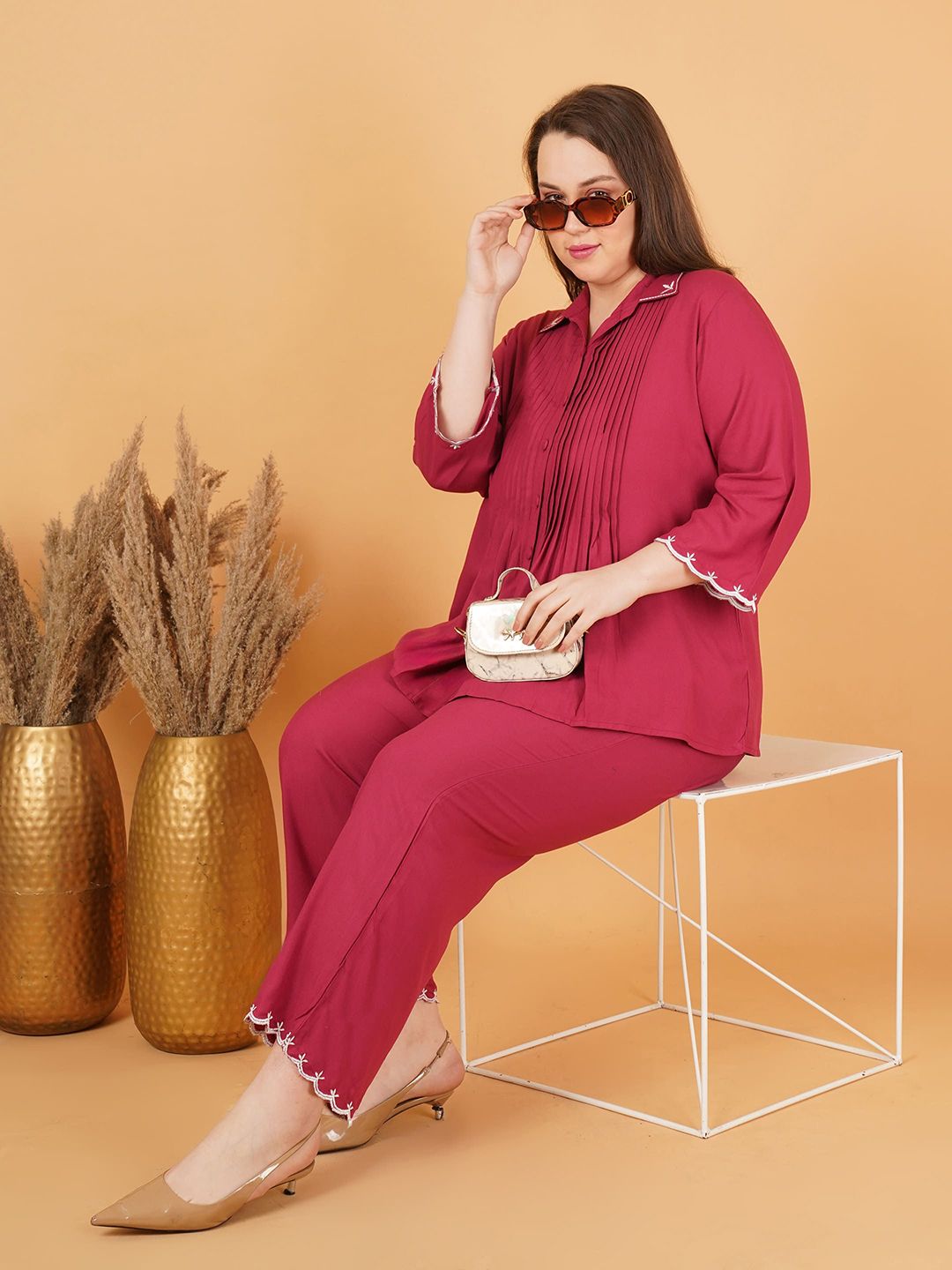 Red Rayon Collar Embroidered Co Ord Set — view 6