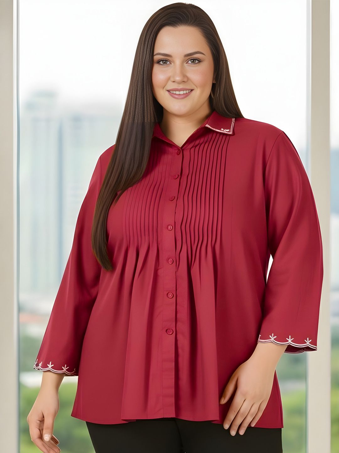 Red Rayon Collar Embroidered Tunic — view 1