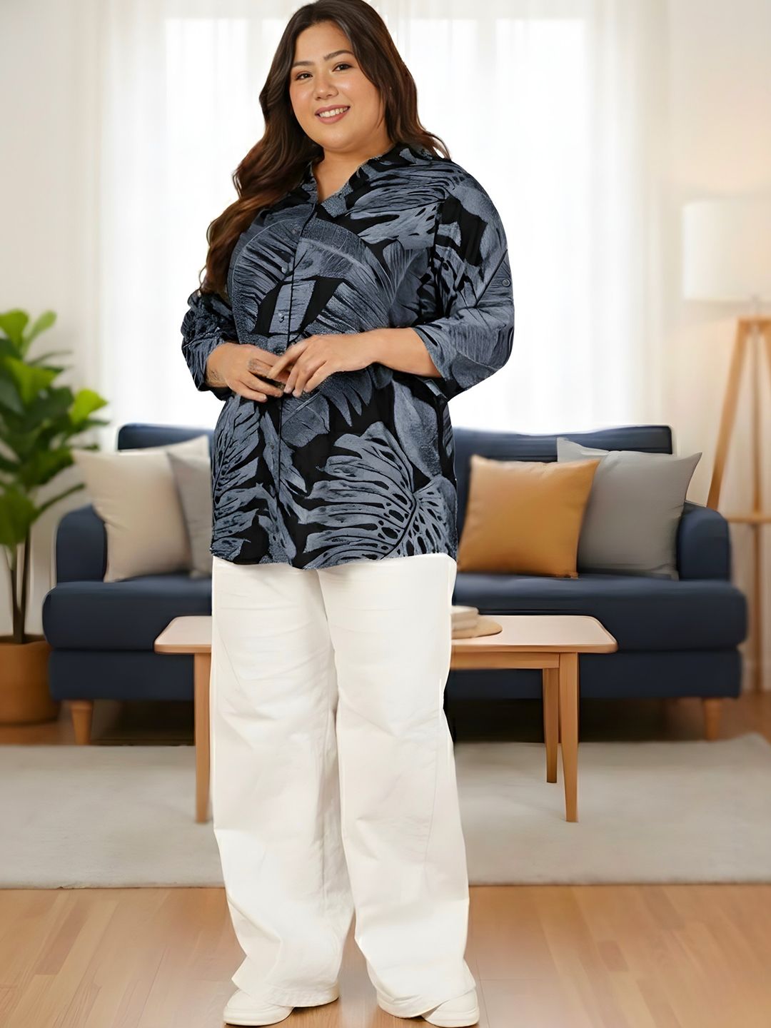 Dark Blue Leaf Print Plus Size Shirt — view 7