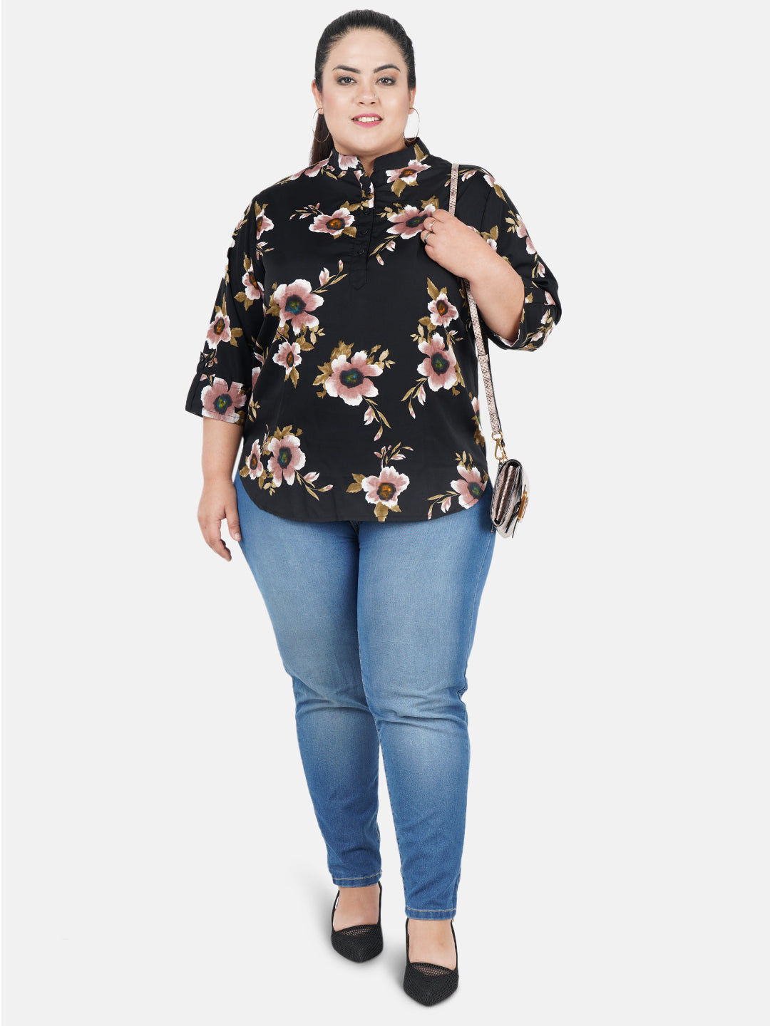 Black Floral Print Plus Size Tunic
