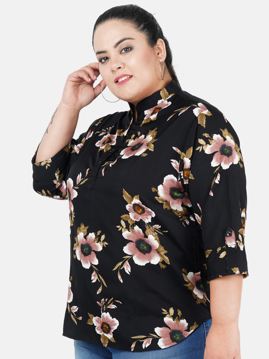 Black Floral Print Plus Size Tunic