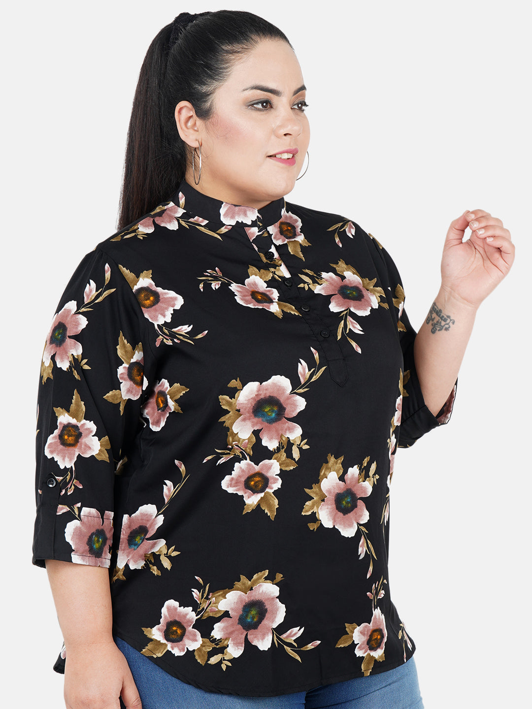 Black Floral Print Plus Size Tunic