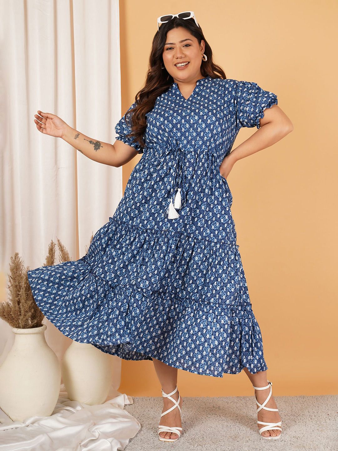 Blue Floral Tiered Plus Size Dress — view 6