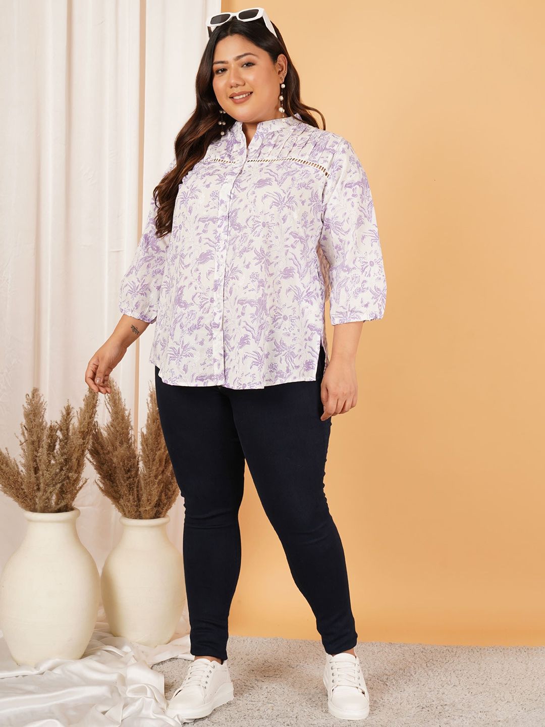 Purple Print Plus Size Lace Shirt — view 6