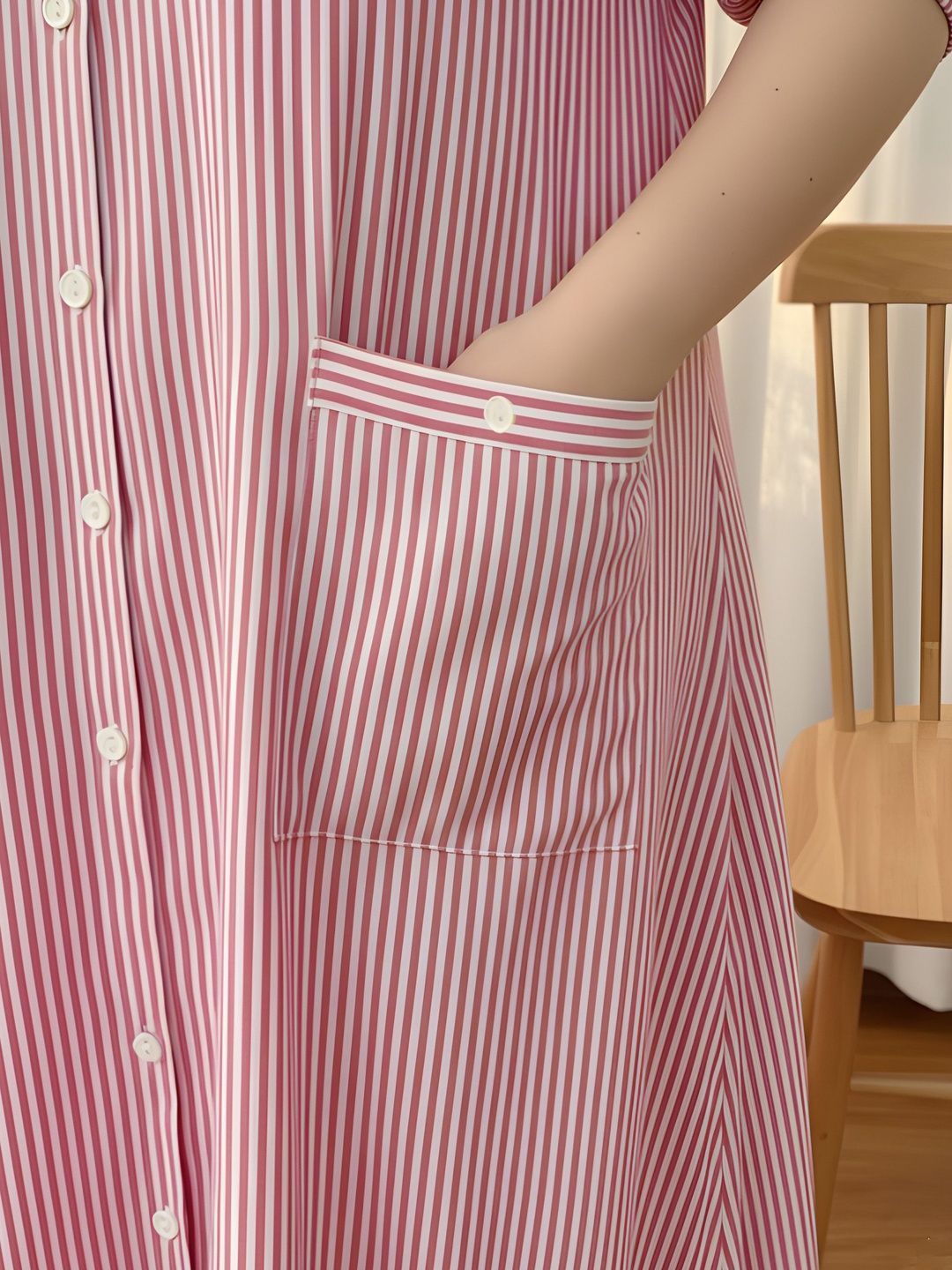 Pink Stripe Print Linen Midi Dress — view 5