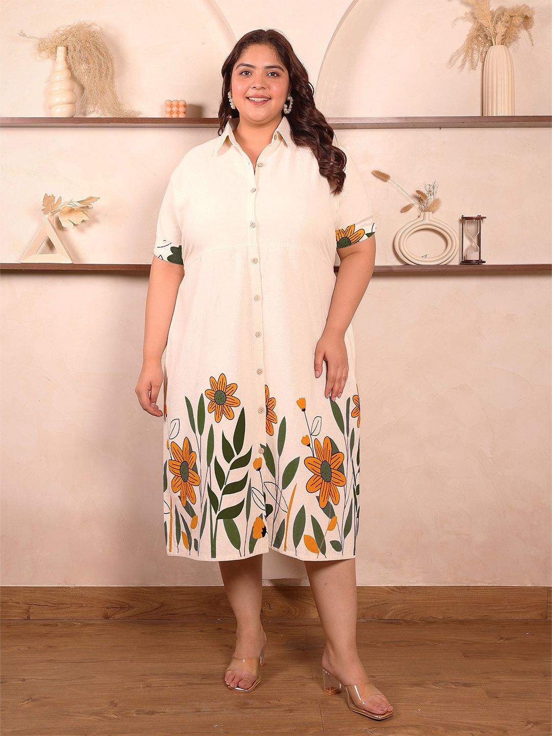 OffWhite Green Floral Cotton Midi Dress — view 1