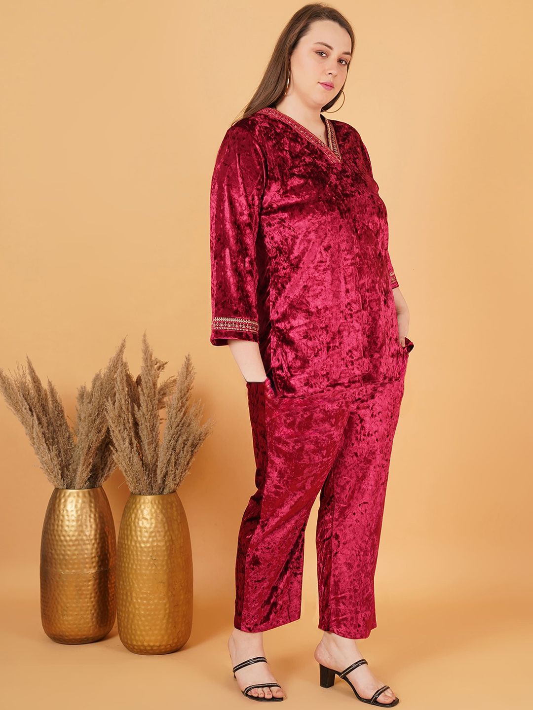 Maroon Velvet Plus Size Co Ord Set — view 3