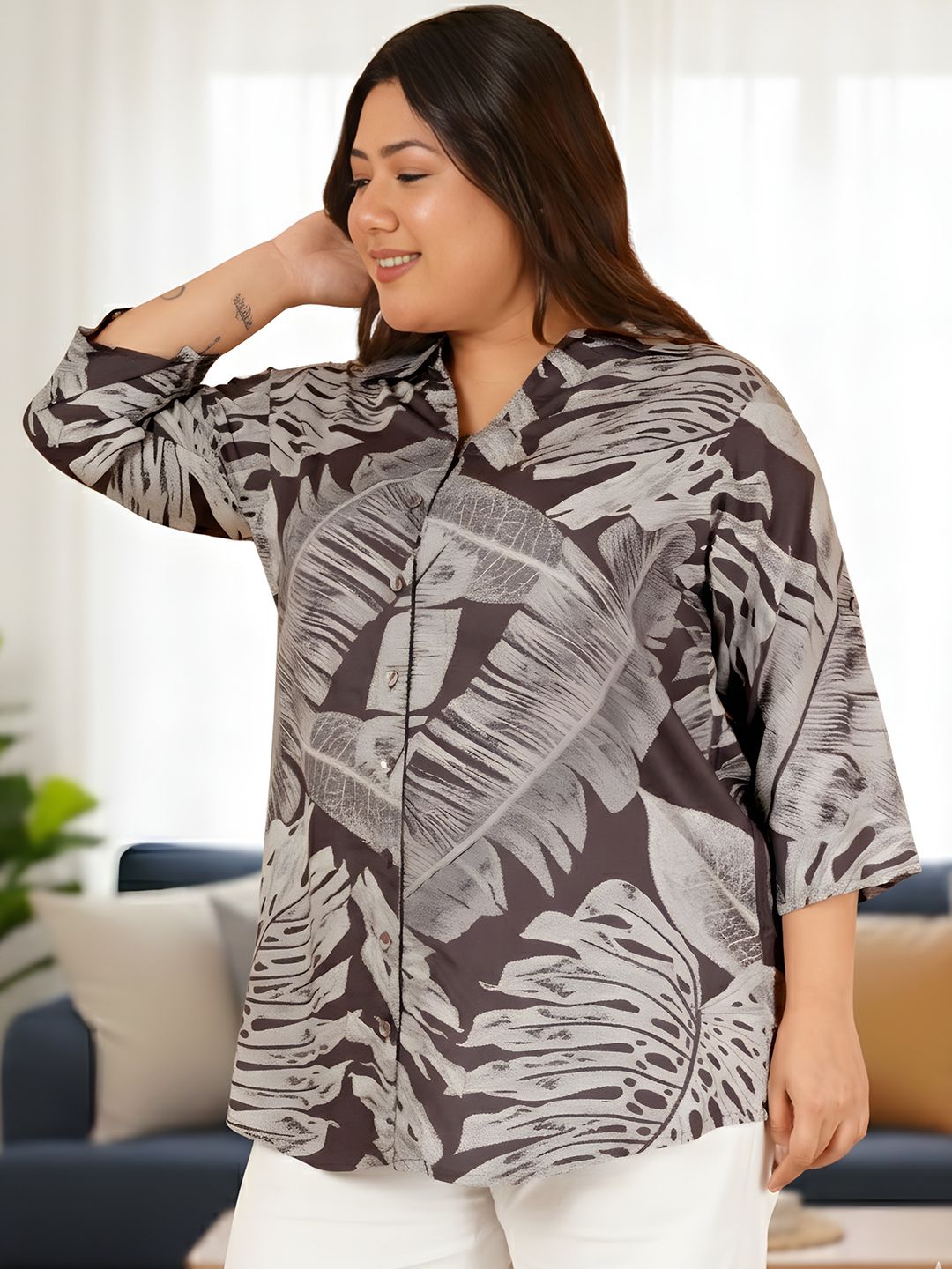 Brown Leaf Print Plus Size Shirt — view 5