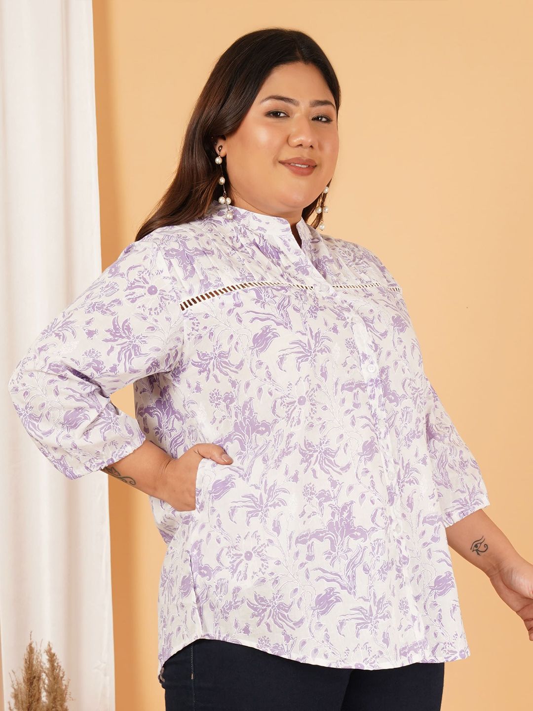 Purple Print Plus Size Lace Shirt — view 3