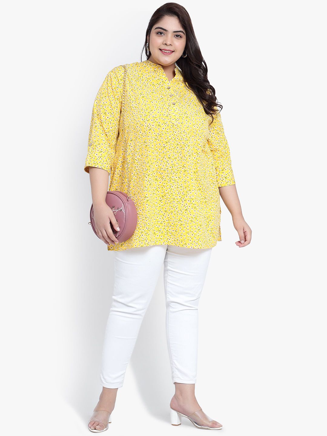 Yellow Floral Print Plus Size Tunic — view 6