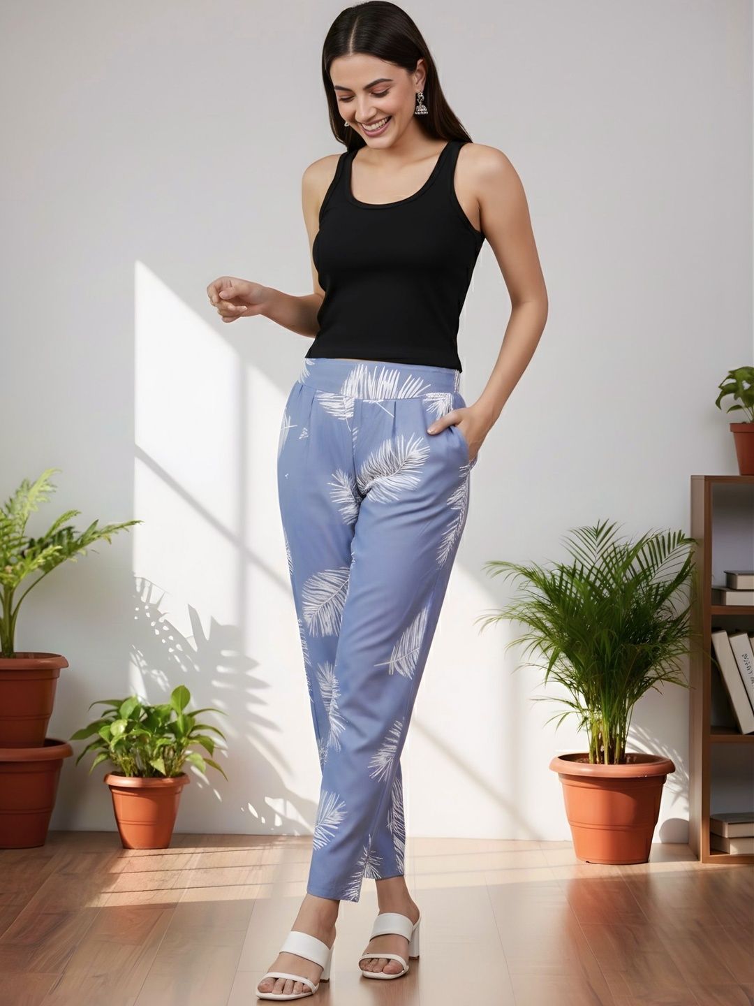 Blue Leaf Print Trousers — view 5