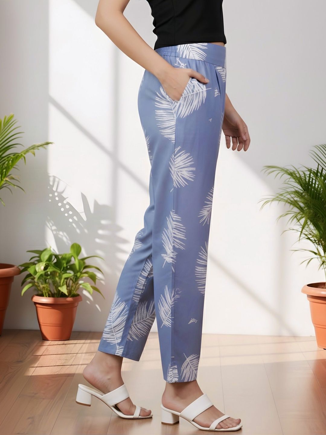 Blue Leaf Print Trousers — view 4