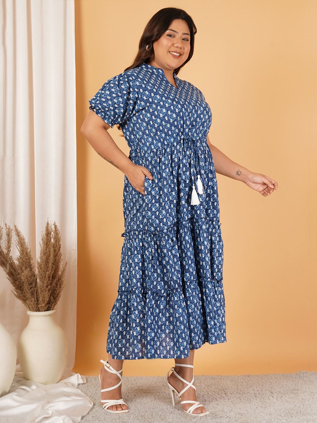 Blue Floral Tiered Plus Size Dress — view 3