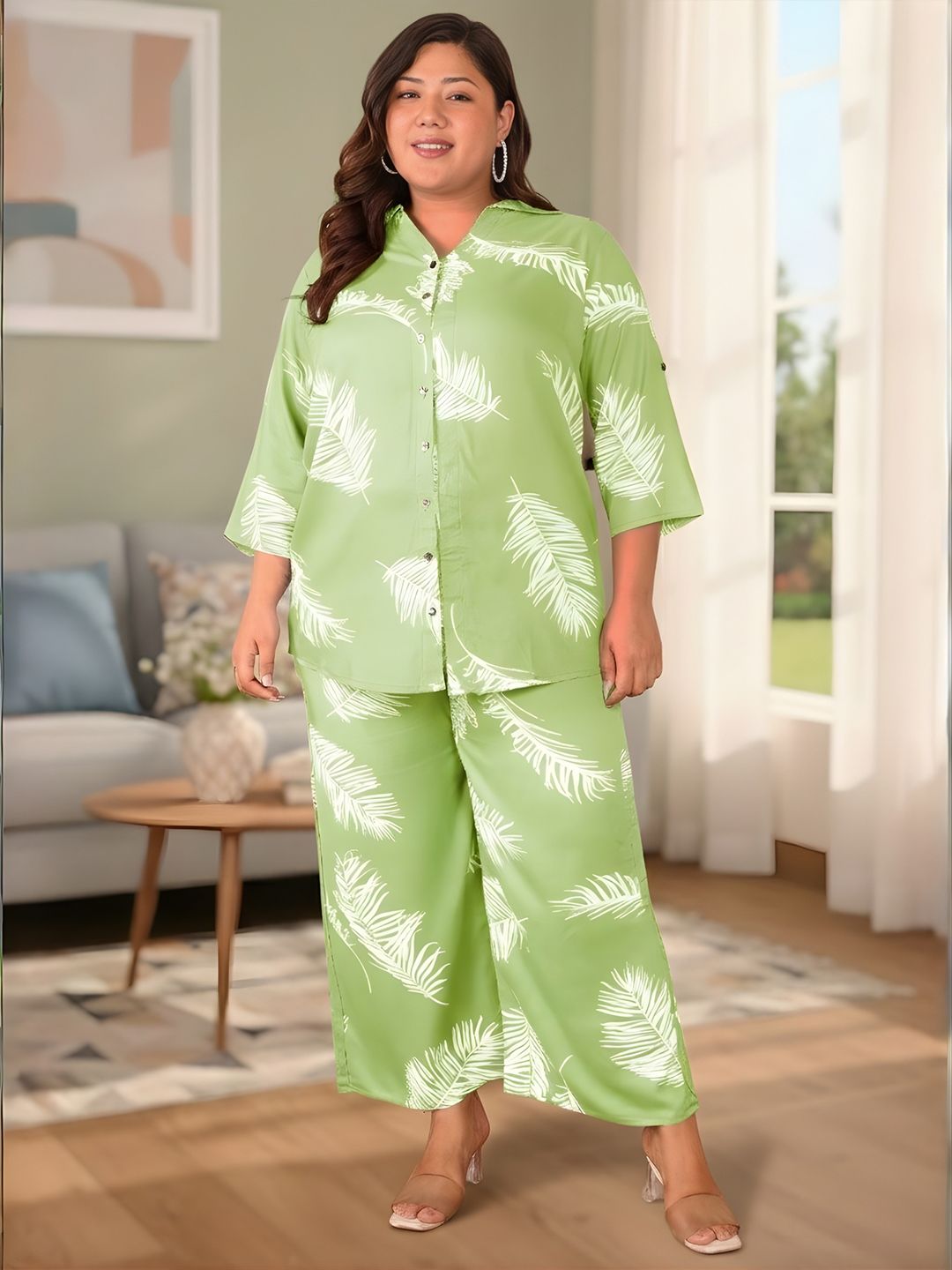 Green Leaf Print Plus Size Co-Ord Set — view 1