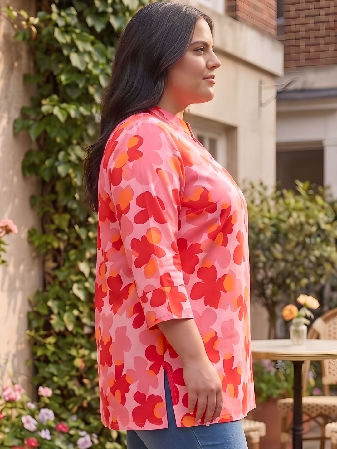 Red and Orange Floral Print Plus Size Tunic — view 3