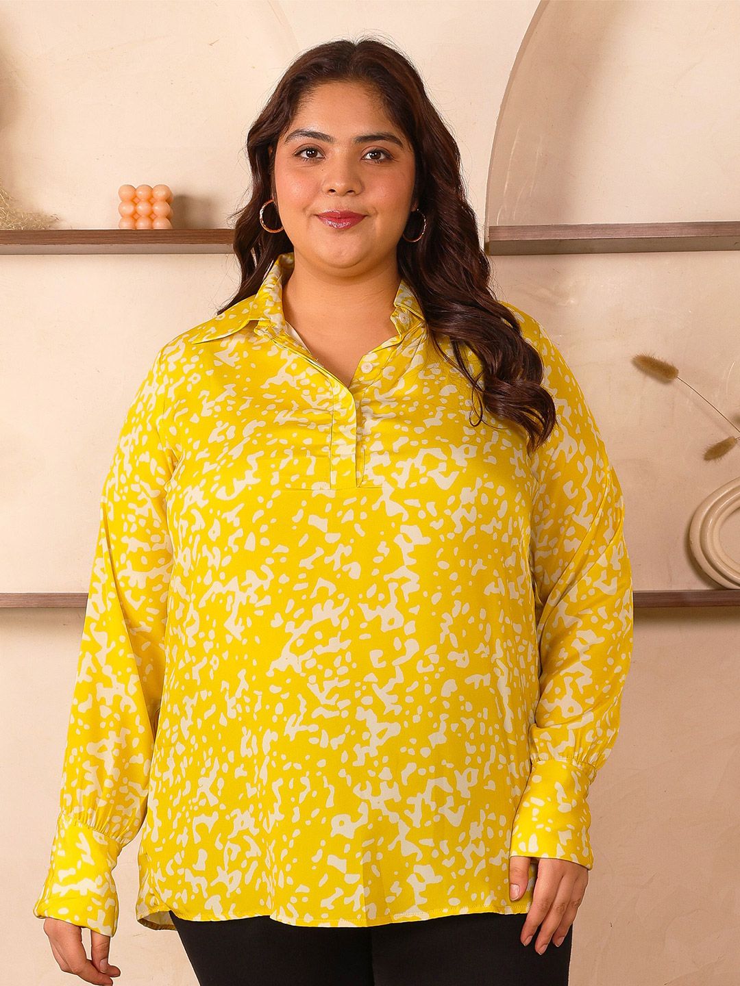 Yellow Print Satin Shirt — view 1
