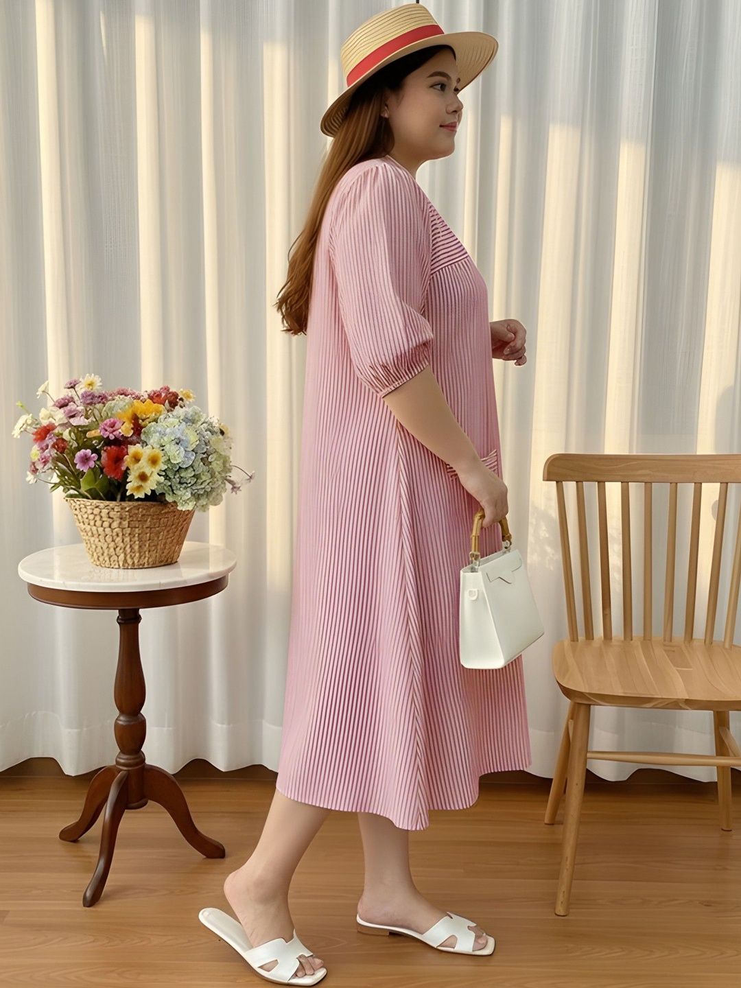 Pink Stripe Print Linen Midi Dress — view 3
