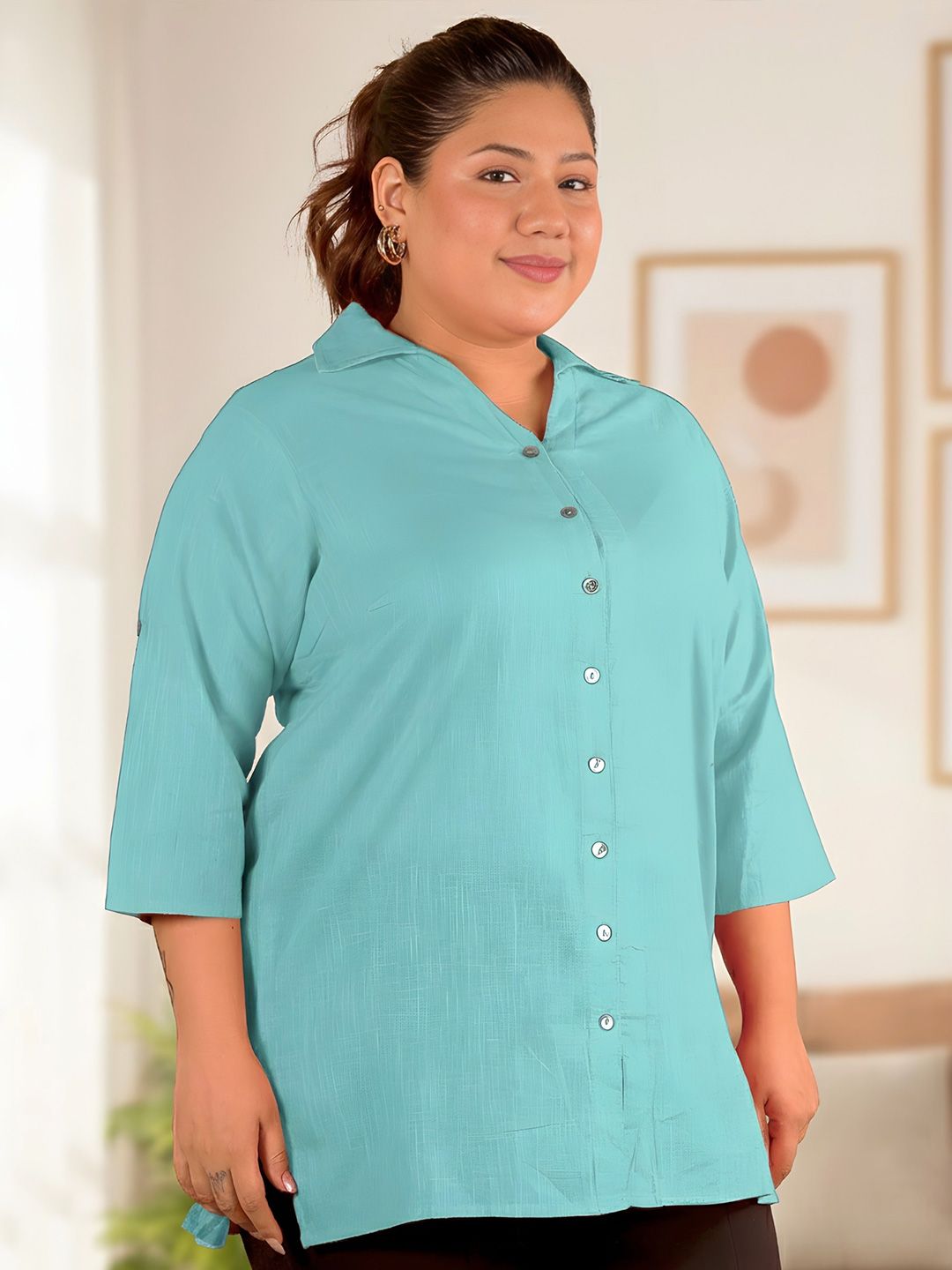 Blue Cotton Longline Plus Size Shirt — view 3