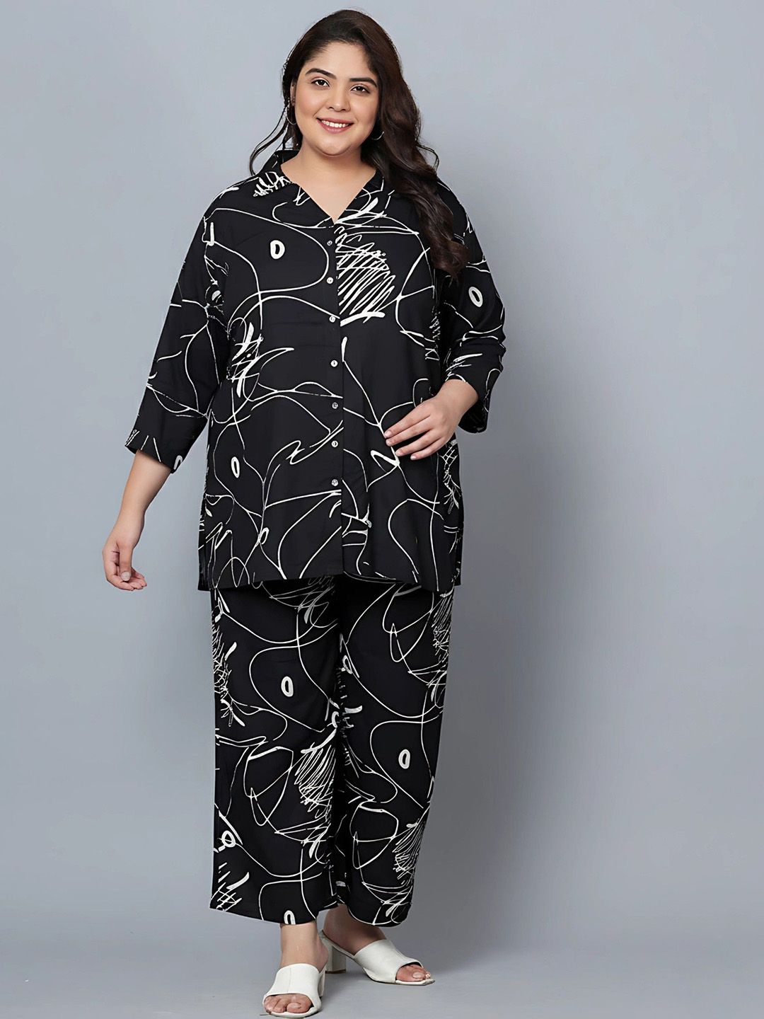 Black Scribble Print Plus Size Co-Ord Set — view 1