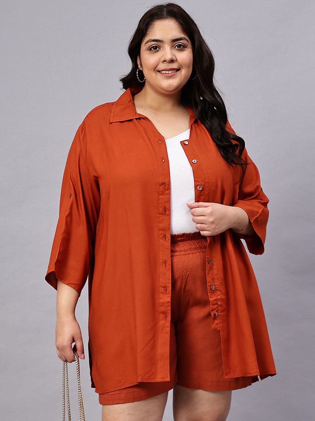 Rust Orange Solid Shirt And Short Set — view 2